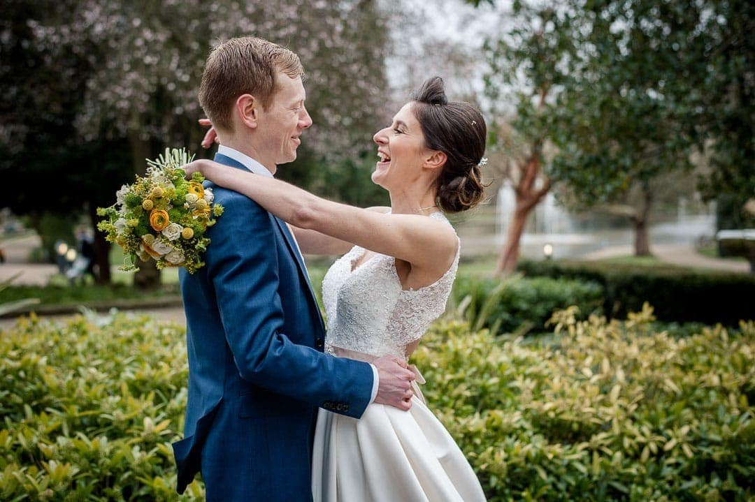 Bride and groom in Jepson Gardens in Warwickshire